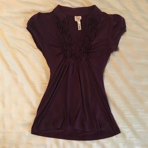 Plum blouse with ruffle around neck